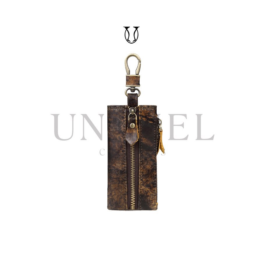 PDU01222025 Porta llave de cuero vacuno color marrón jaspeado
