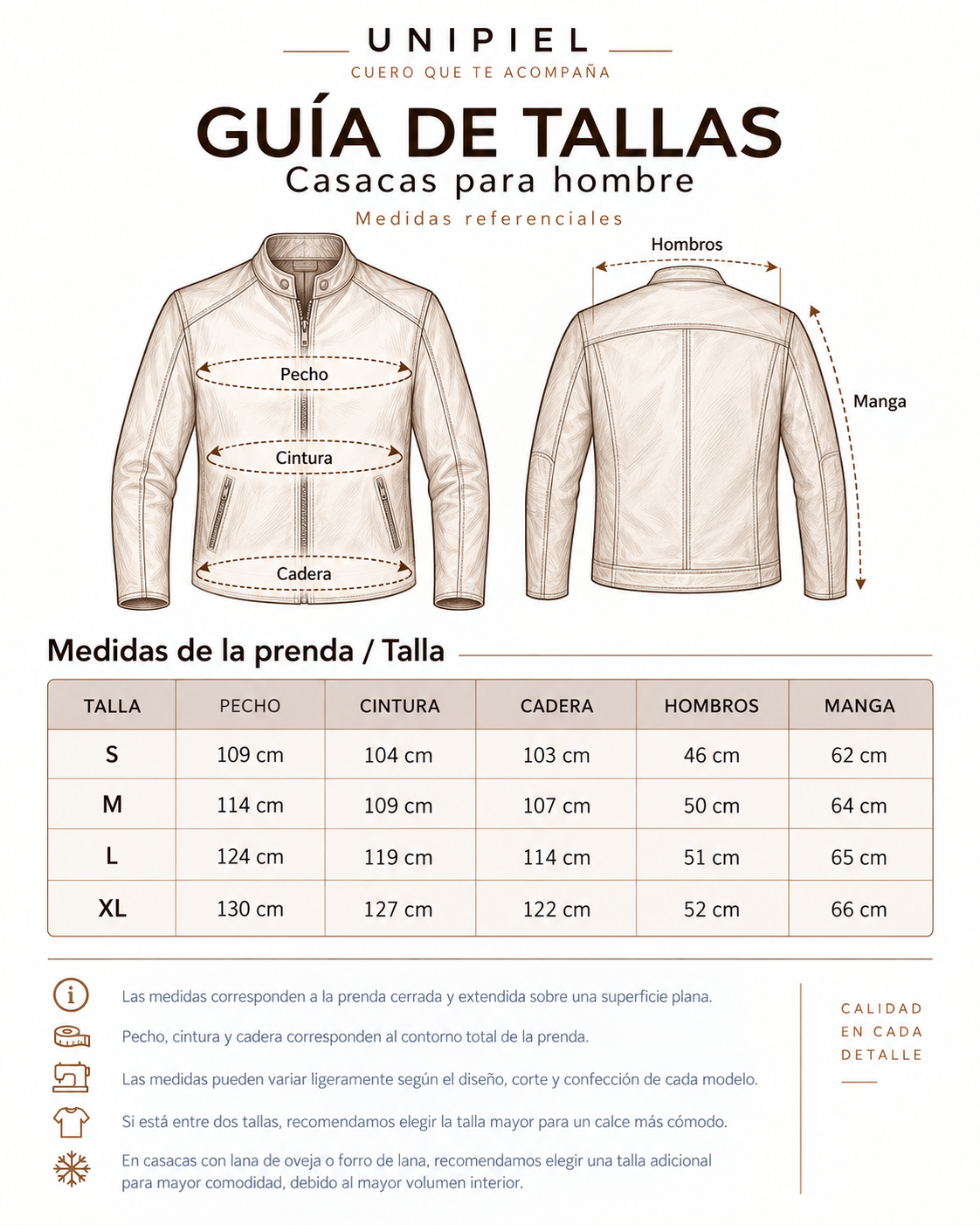 Guía de tallas — Casacas Hombre