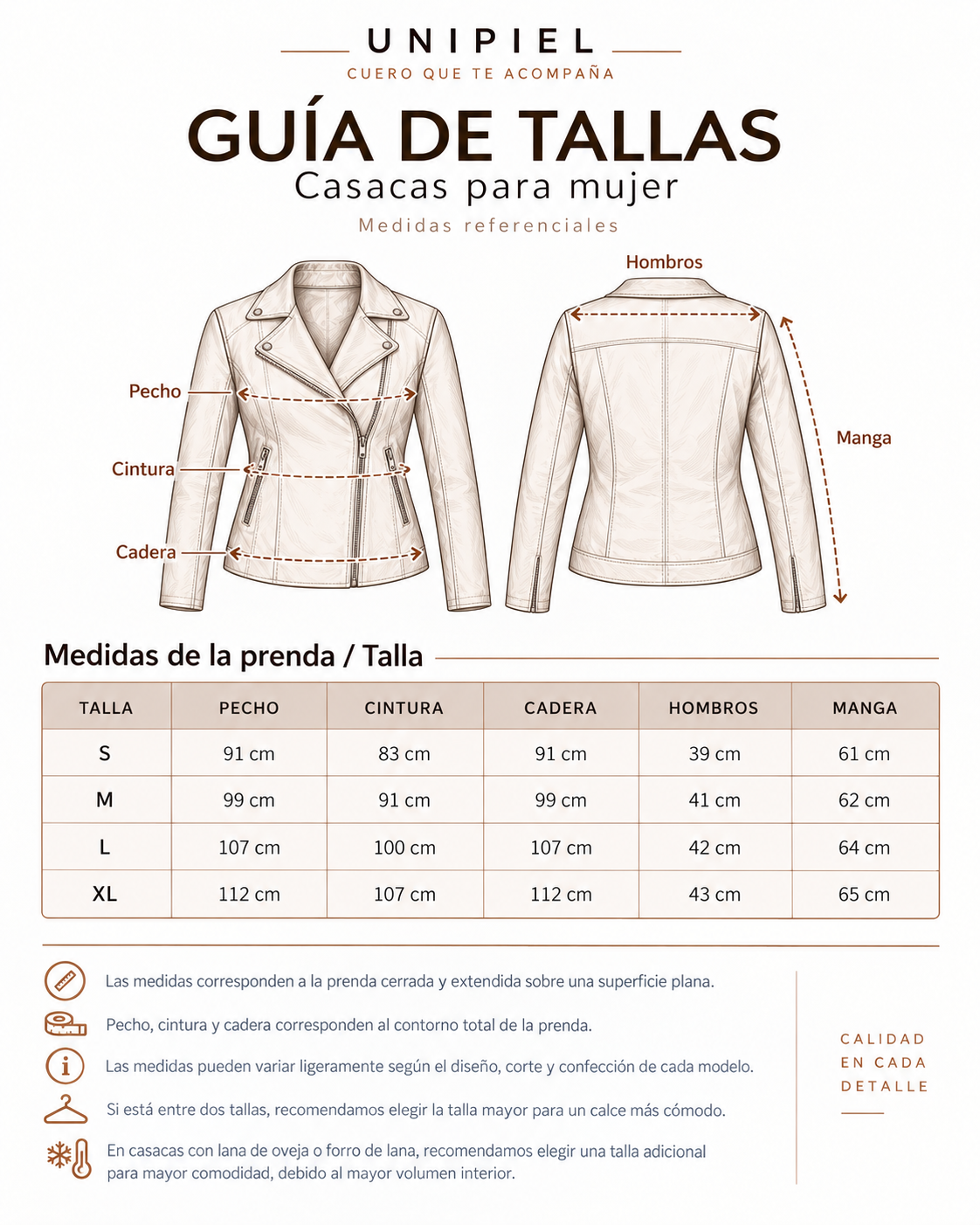 Guía de tallas — Casacas Mujer