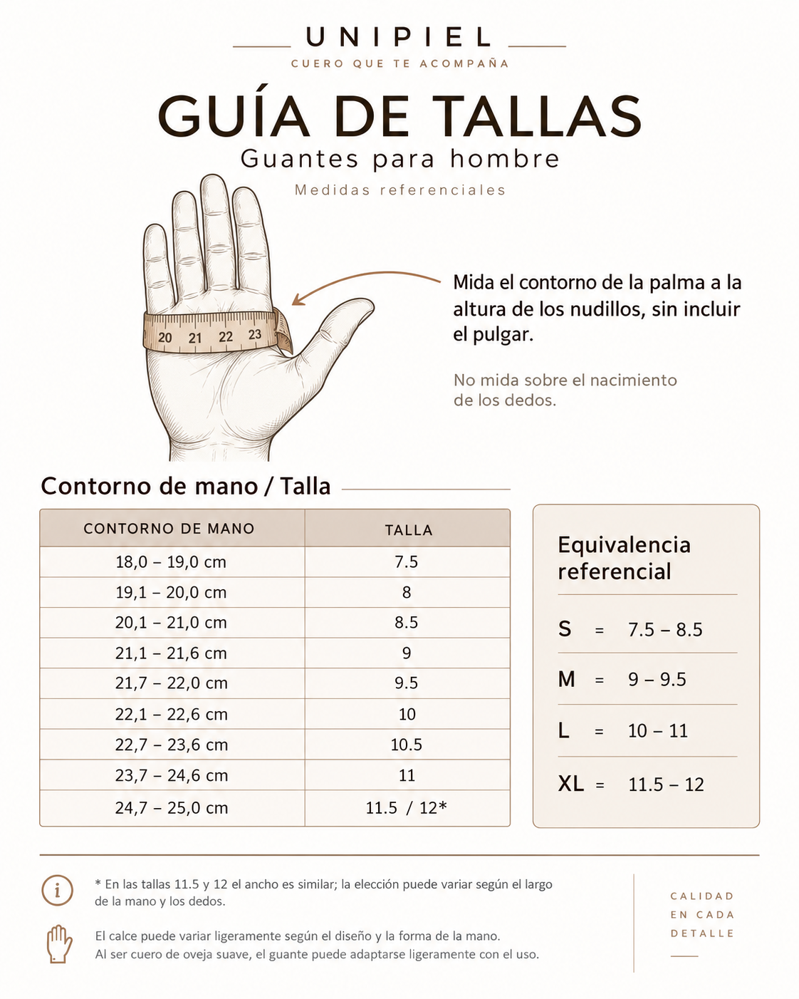 Guía de tallas — Guantes Hombre
